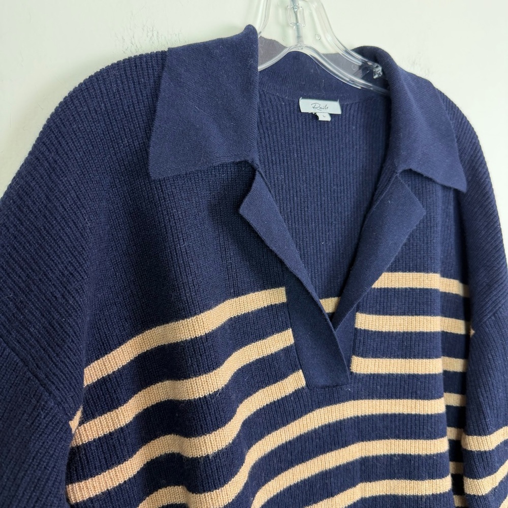 Rails Harris Wool Cashmere Polo Sweater in Camel Navy Stripe Size L - Picture 6 of 15